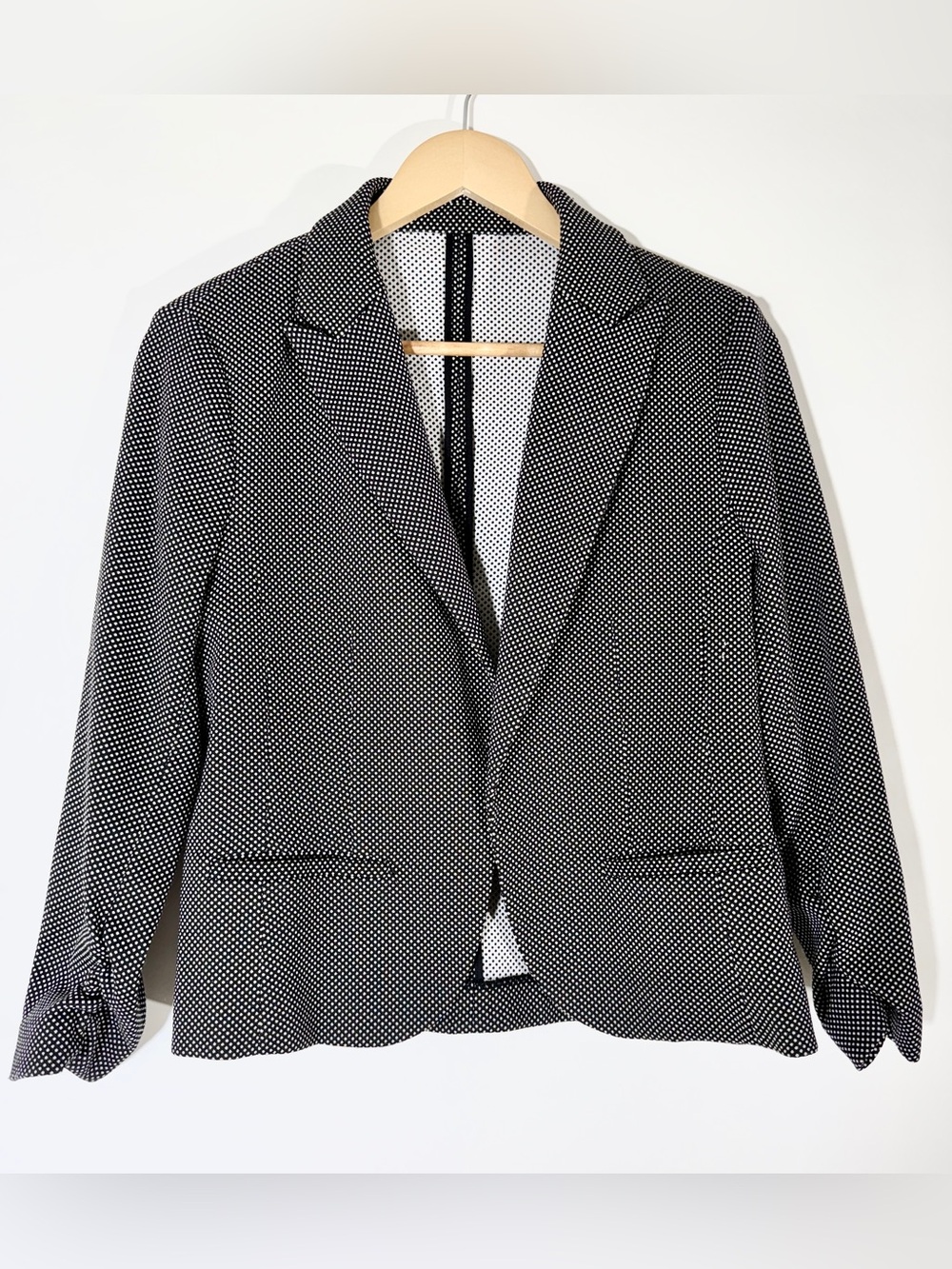 Black & White Polka Dot Open Front Blazer Jacket Ruched Sleeve Career Stretch - Picture 2 of 7